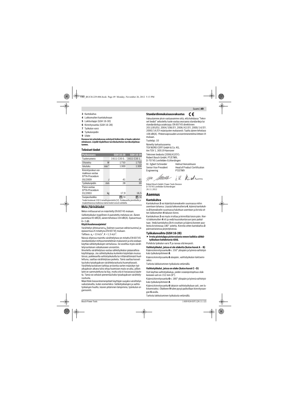 Asennus | Bosch GSH Professional 16-28 User Manual | Page 49 / 130