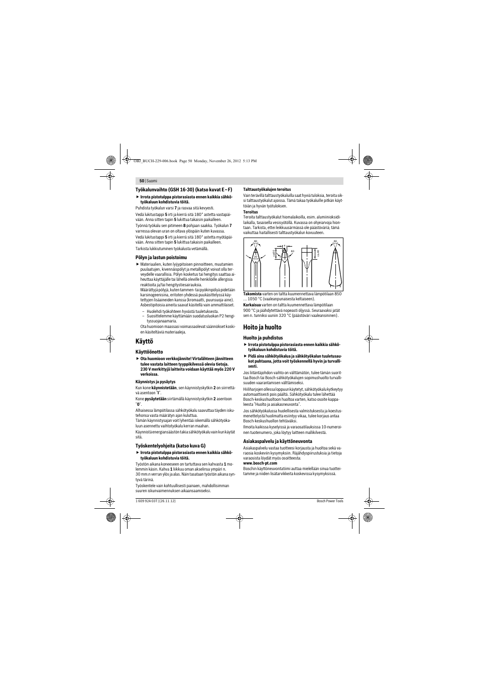 Käyttö, Hoito ja huolto | Bosch GSH Professional 16-28 User Manual | Page 50 / 130