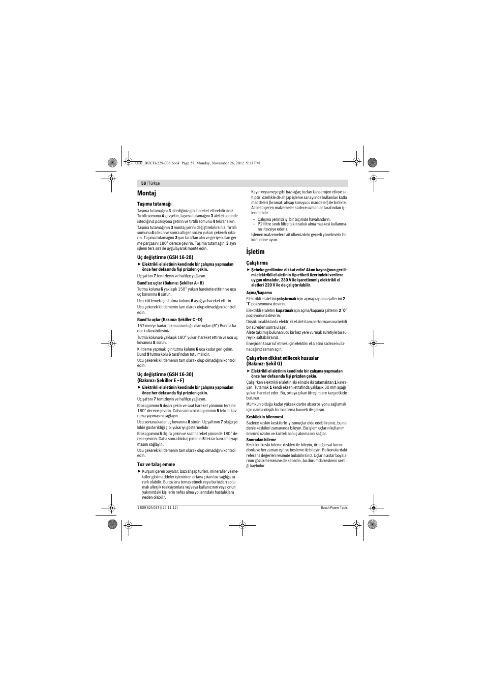 Montaj, Işletim | Bosch GSH Professional 16-28 User Manual | Page 58 / 130