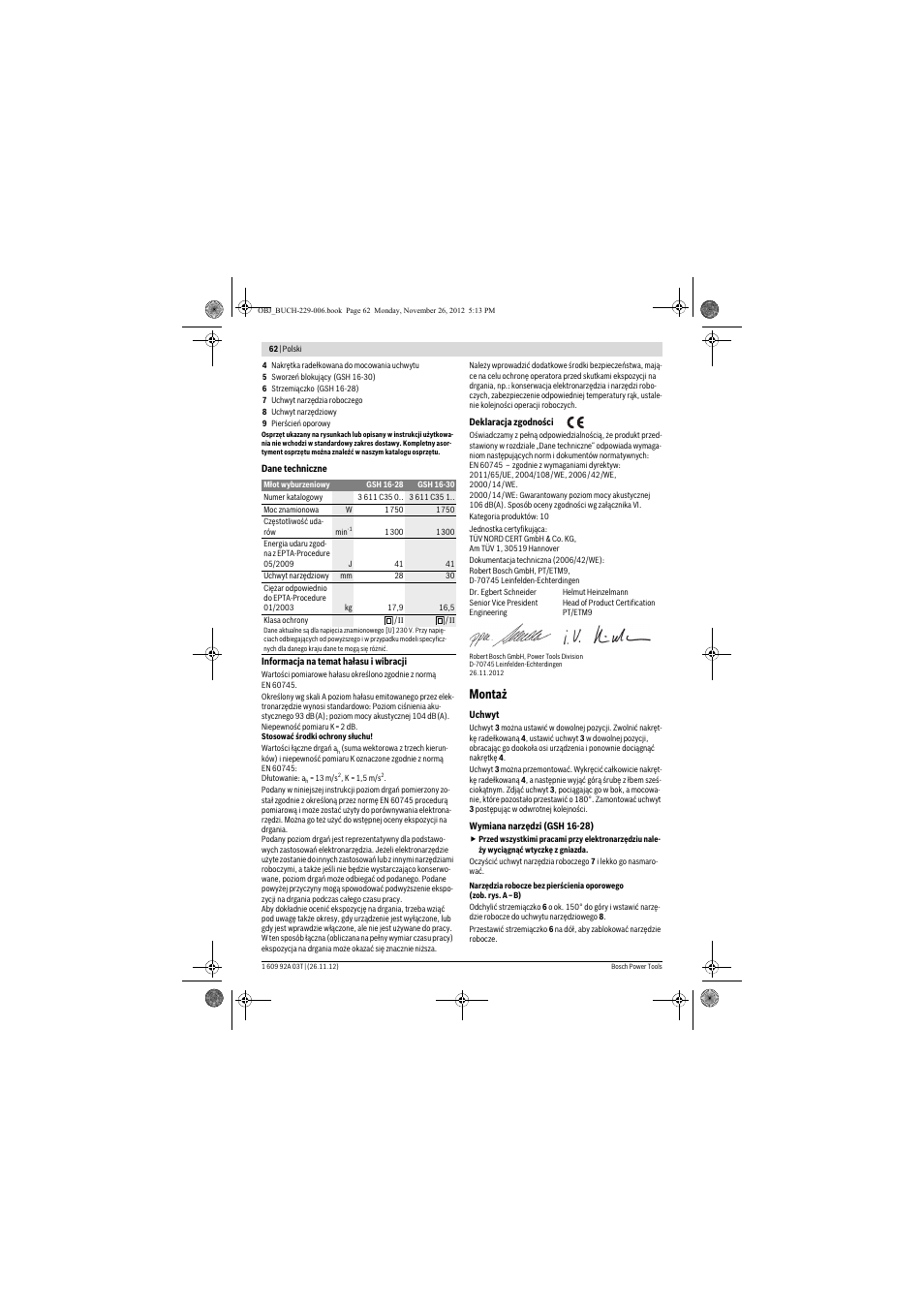 Montaż | Bosch GSH Professional 16-28 User Manual | Page 62 / 130