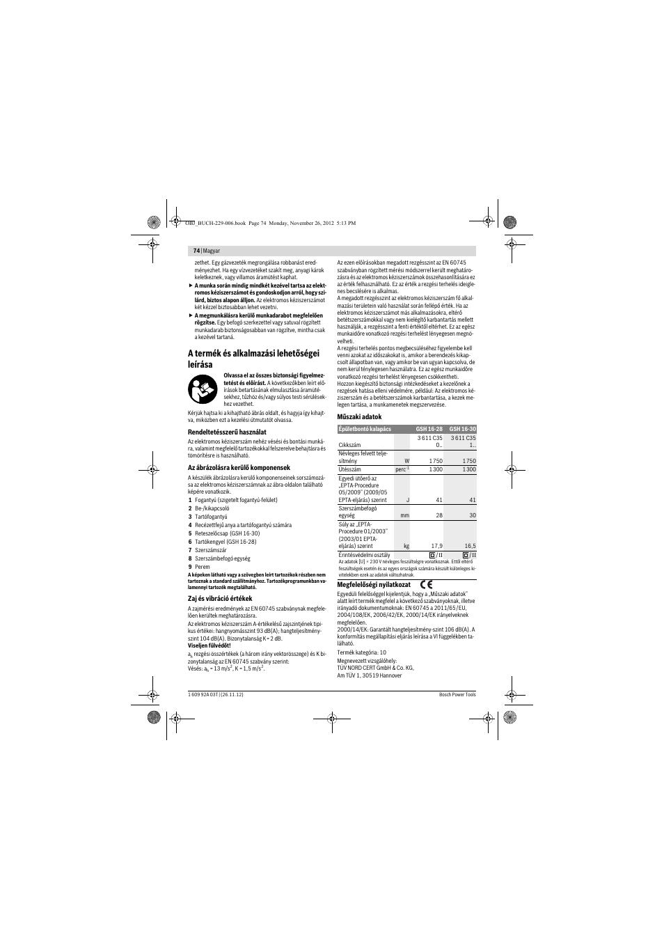 A termék és alkalmazási lehetőségei leírása | Bosch GSH Professional 16-28 User Manual | Page 74 / 130