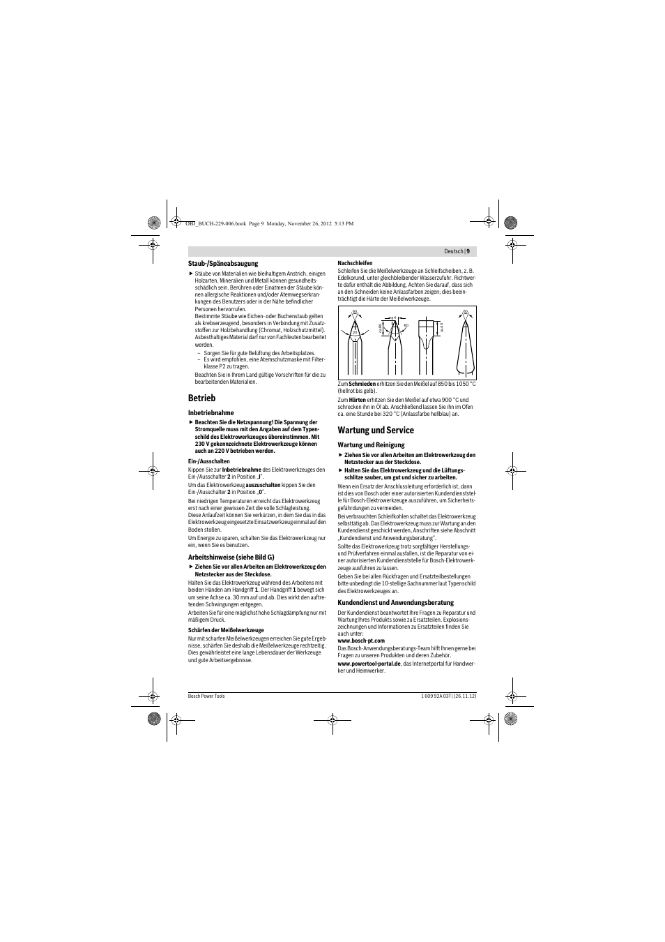 Betrieb, Wartung und service | Bosch GSH Professional 16-28 User Manual | Page 9 / 130