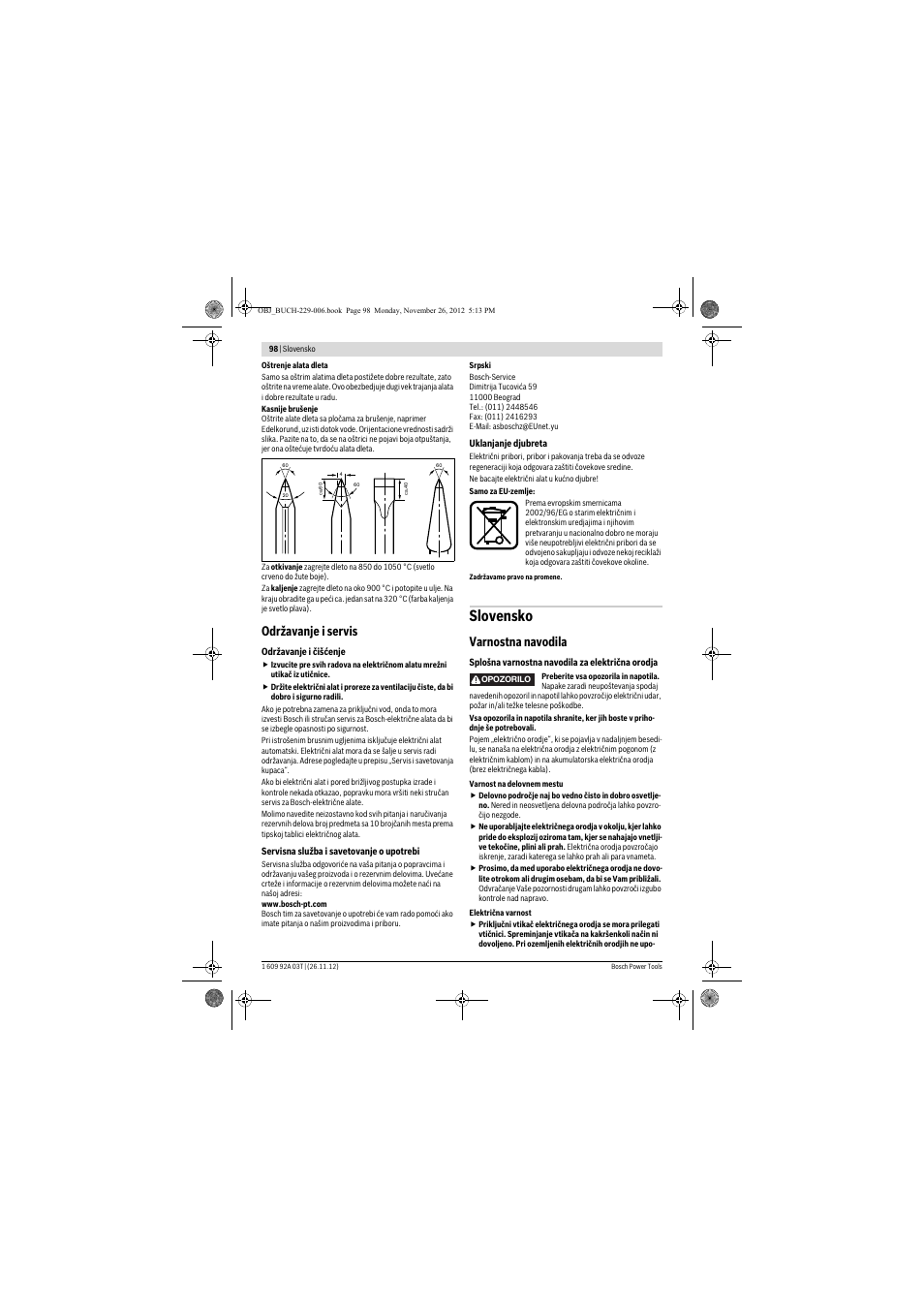 Slovensko, Održavanje i servis, Varnostna navodila | Bosch GSH Professional 16-28 User Manual | Page 98 / 130