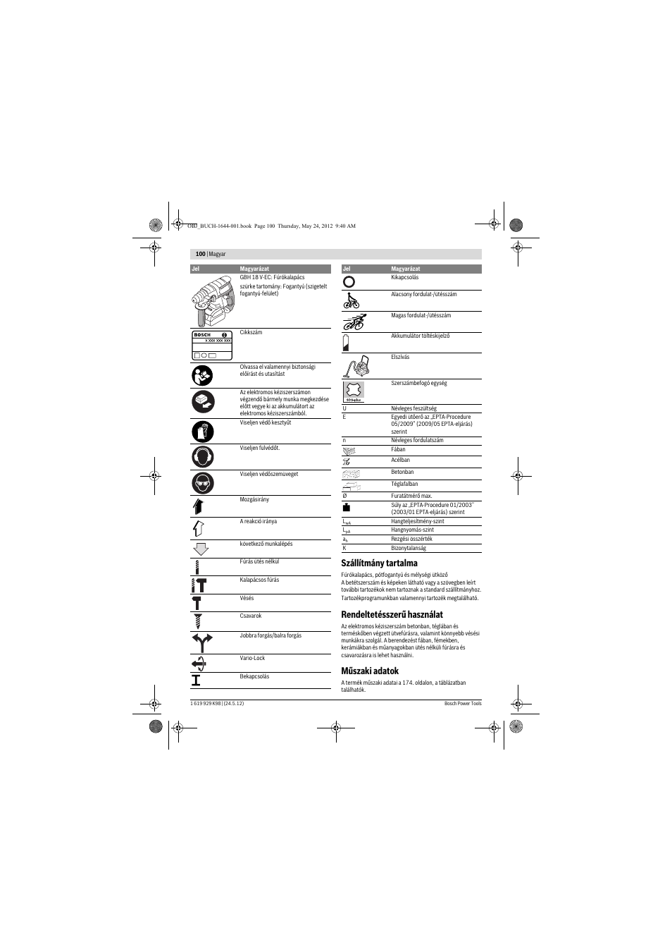 Szállítmány tartalma, Rendeltetésszerű használat, Műszaki adatok | Bosch GBH 18 V-EC Professional User Manual | Page 100 / 180