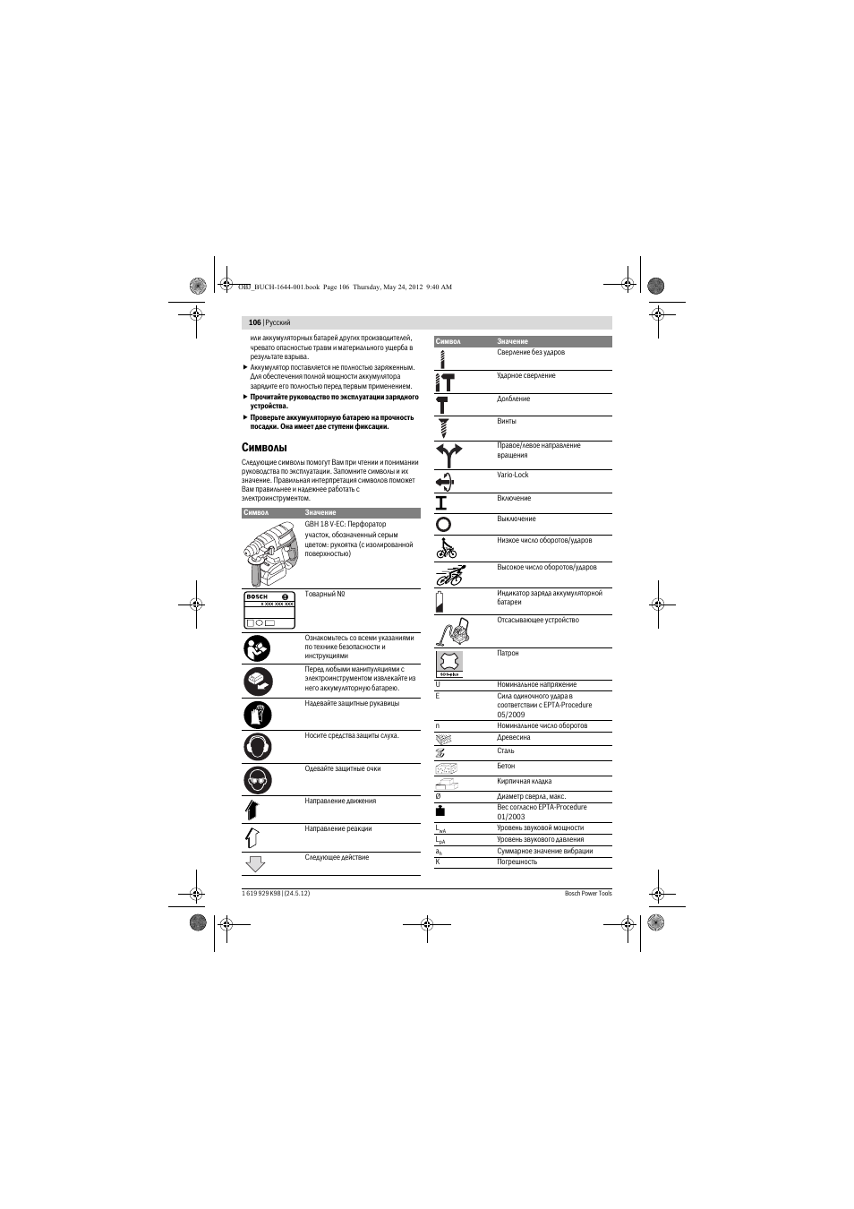 Символы | Bosch GBH 18 V-EC Professional User Manual | Page 106 / 180