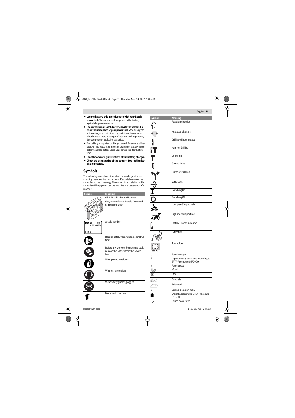 Symbols | Bosch GBH 18 V-EC Professional User Manual | Page 11 / 180