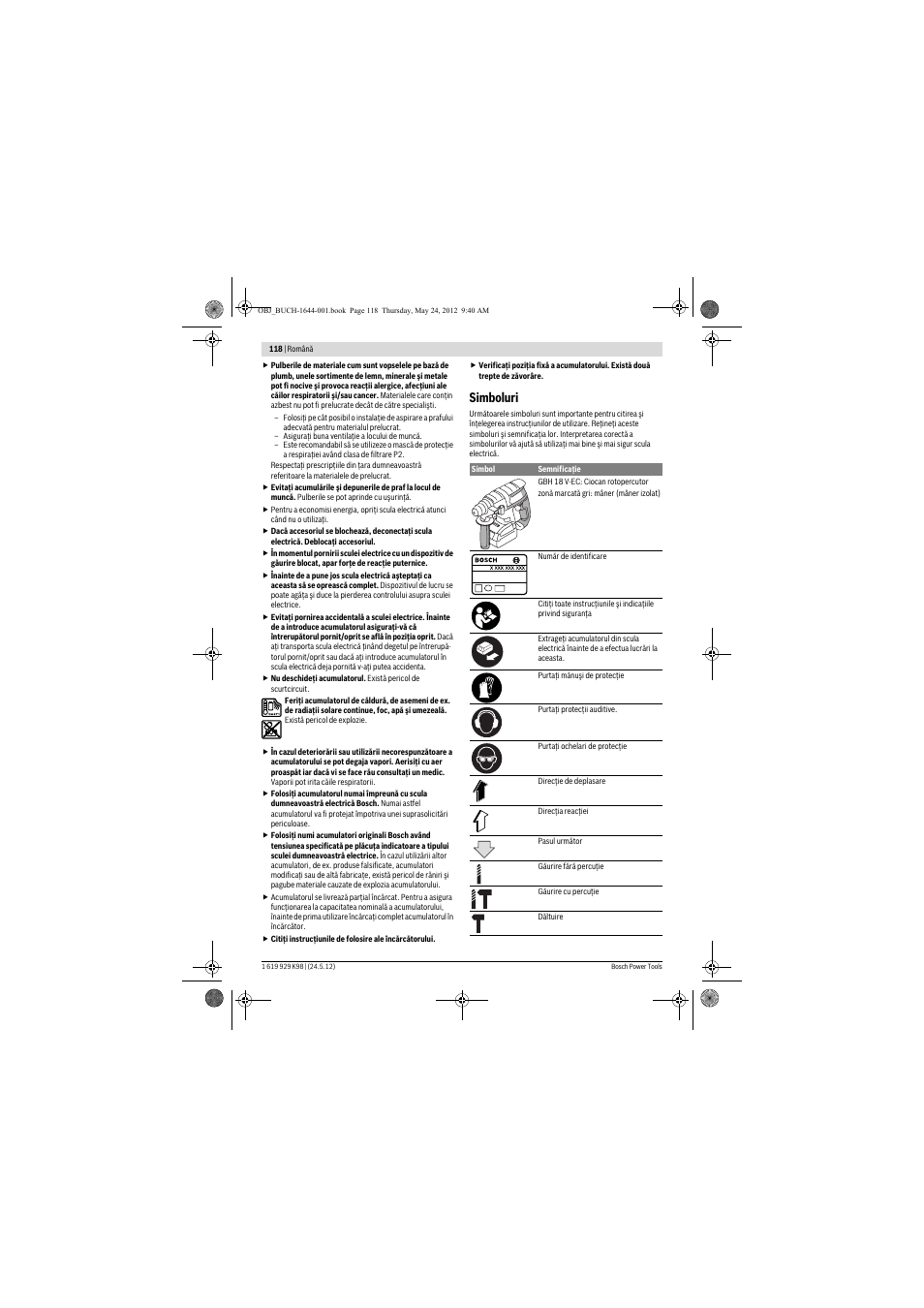 Simboluri | Bosch GBH 18 V-EC Professional User Manual | Page 118 / 180