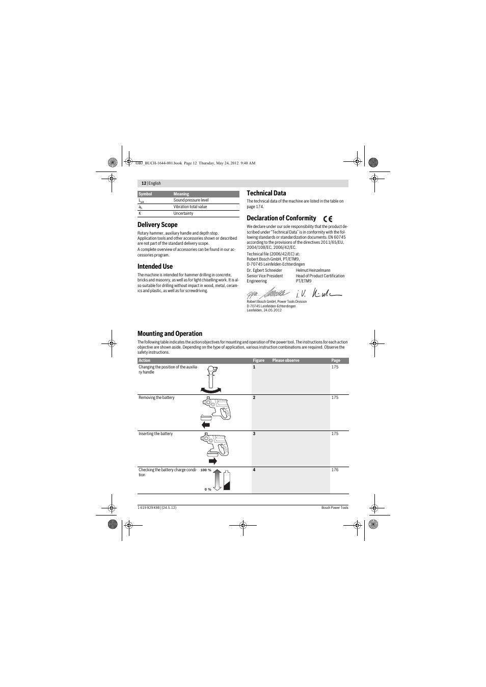 Delivery scope, Intended use, Technical data | Declaration of conformity, Mounting and operation | Bosch GBH 18 V-EC Professional User Manual | Page 12 / 180