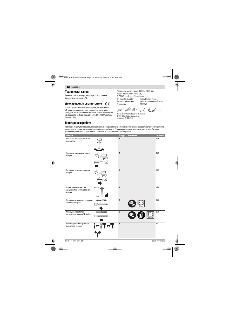 Технически данни, Декларация за съответствие, Монтиране и работа | Bosch GBH 18 V-EC Professional User Manual | Page 126 / 180