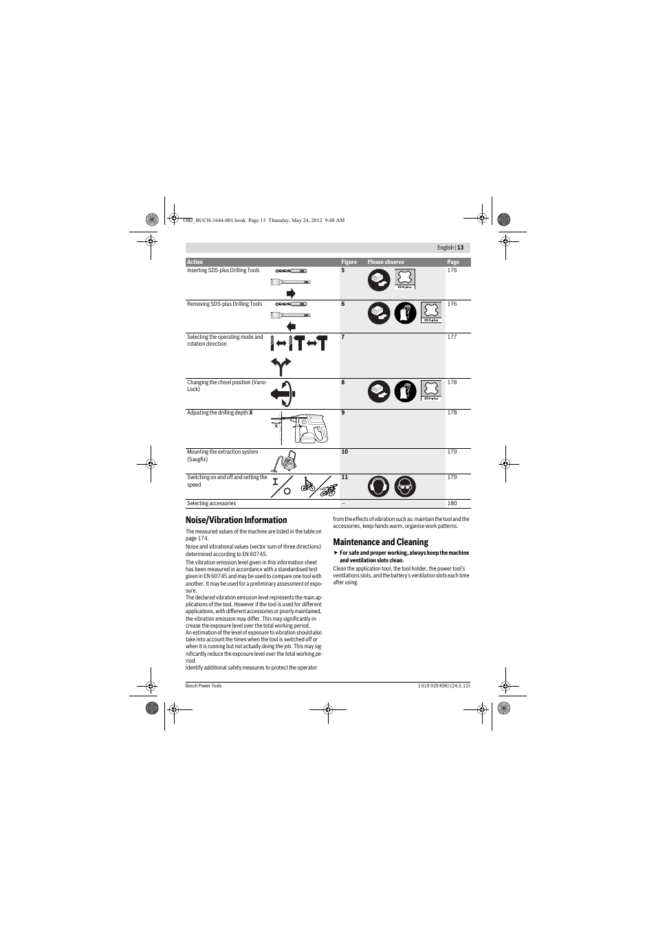 Noise/vibration information, Maintenance and cleaning | Bosch GBH 18 V-EC Professional User Manual | Page 13 / 180