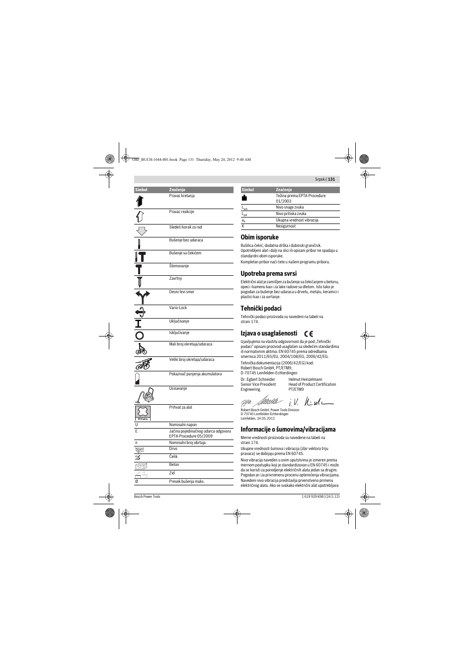 Obim isporuke, Upotreba prema svrsi, Tehnički podaci | Izjava o usaglašenosti, Informacije o šumovima/vibracijama | Bosch GBH 18 V-EC Professional User Manual | Page 131 / 180