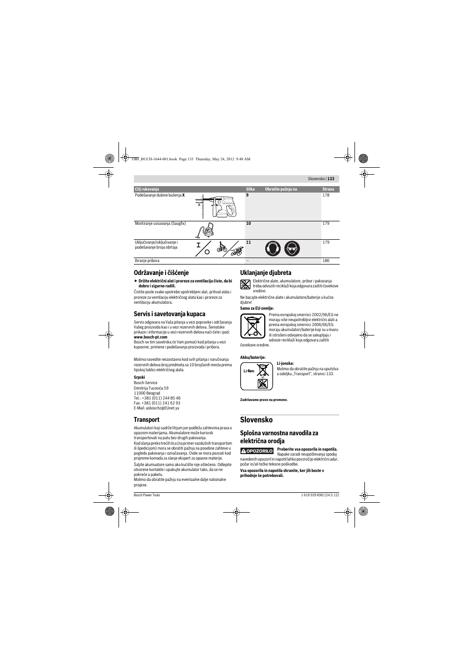 Slovensko, Održavanje i čišćenje, Servis i savetovanja kupaca | Transport, Uklanjanje djubreta, Splošna varnostna navodila za električna orodja | Bosch GBH 18 V-EC Professional User Manual | Page 133 / 180