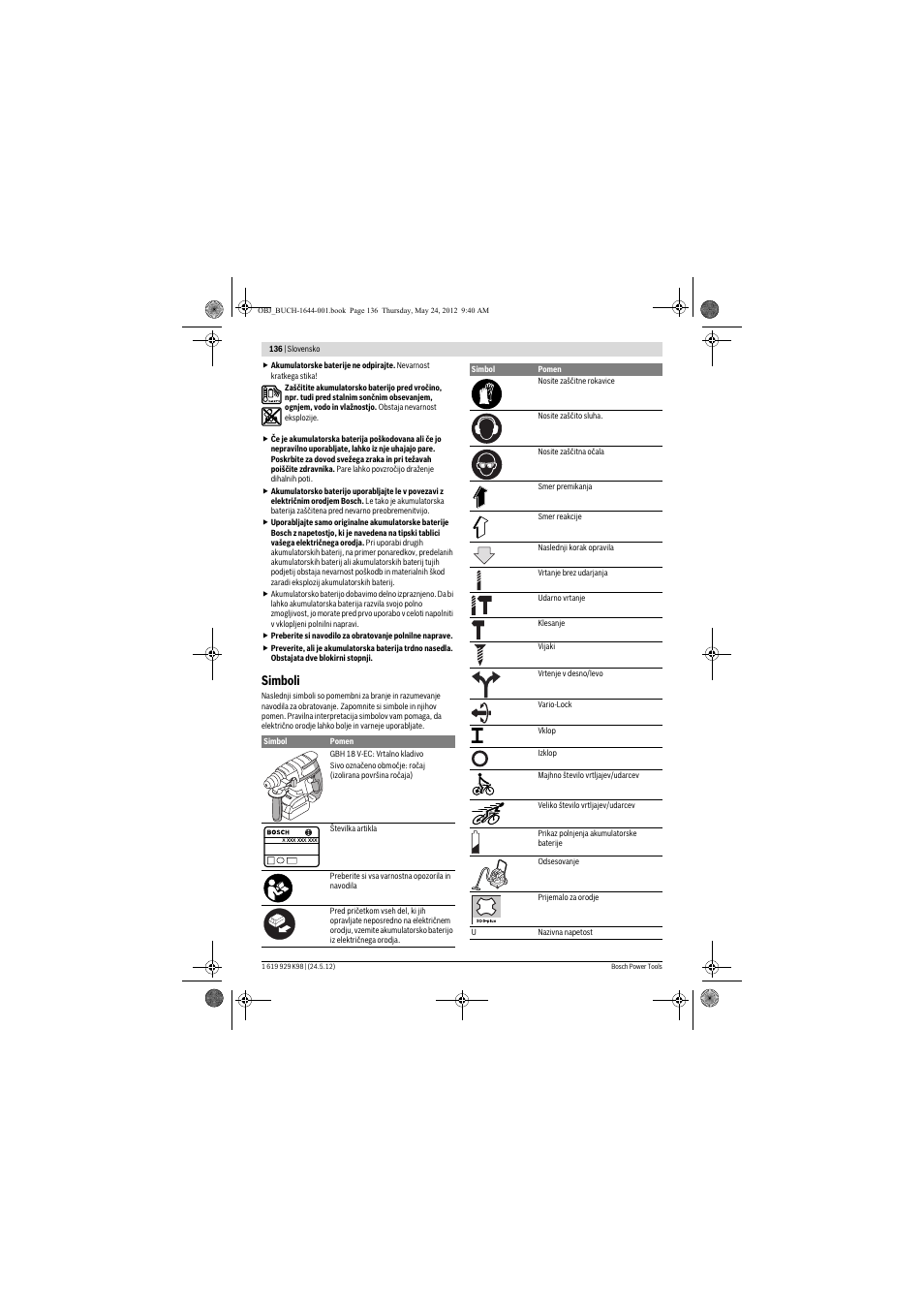 Simboli | Bosch GBH 18 V-EC Professional User Manual | Page 136 / 180