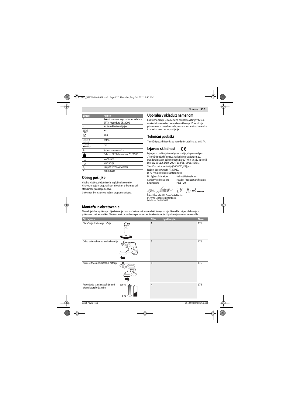 Obseg pošiljke, Uporaba v skladu z namenom, Tehnični podatki | Izjava o skladnosti, Montaža in obratovanje | Bosch GBH 18 V-EC Professional User Manual | Page 137 / 180