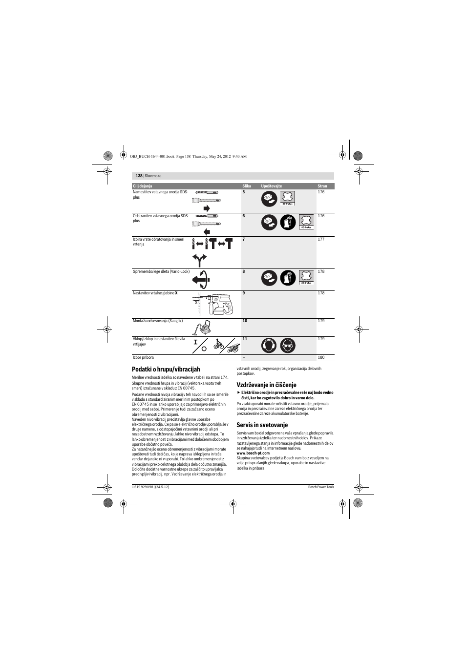 Podatki o hrupu/vibracijah, Vzdrževanje in čiščenje, Servis in svetovanje | Bosch GBH 18 V-EC Professional User Manual | Page 138 / 180