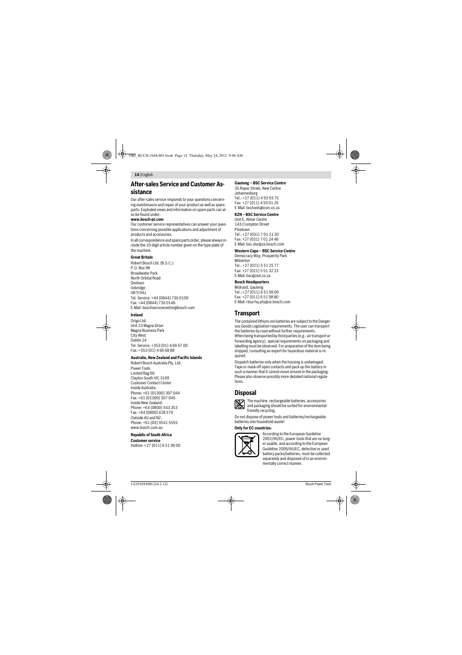 After-sales service and customer as- sistance, Transport, Disposal | Bosch GBH 18 V-EC Professional User Manual | Page 14 / 180