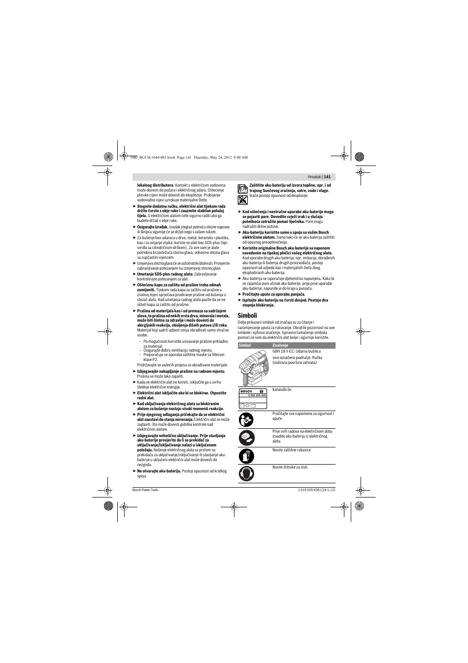 Simboli | Bosch GBH 18 V-EC Professional User Manual | Page 141 / 180