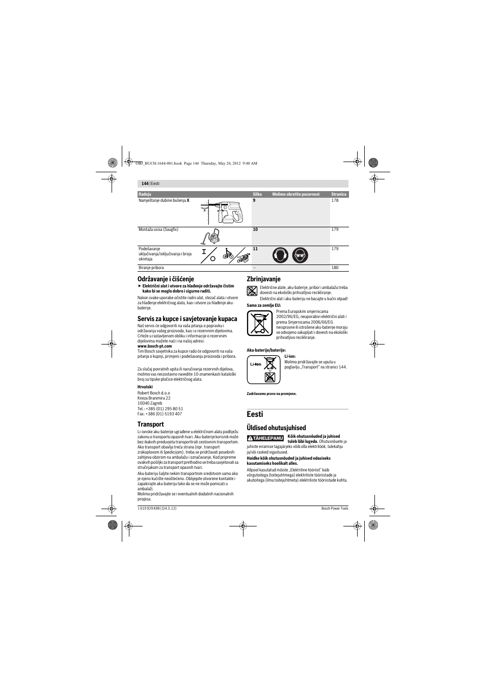 Eesti, Održavanje i čišćenje, Servis za kupce i savjetovanje kupaca | Transport, Zbrinjavanje, Üldised ohutusjuhised | Bosch GBH 18 V-EC Professional User Manual | Page 144 / 180