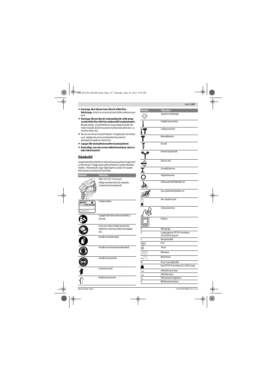 Sümbolid | Bosch GBH 18 V-EC Professional User Manual | Page 147 / 180