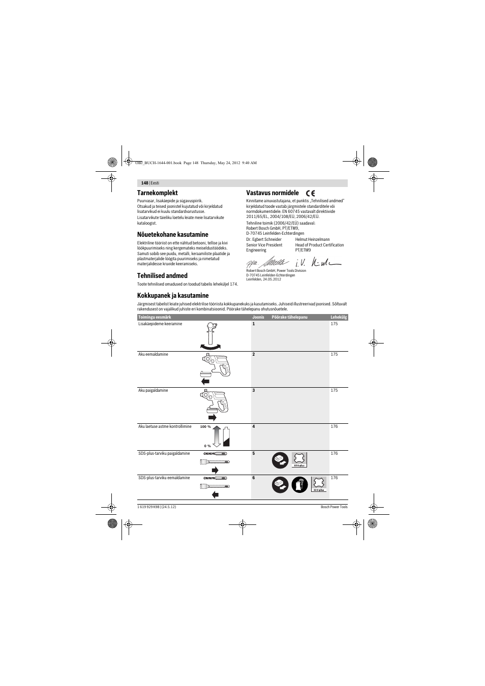 Tarnekomplekt, Nõuetekohane kasutamine, Tehnilised andmed | Vastavus normidele, Kokkupanek ja kasutamine | Bosch GBH 18 V-EC Professional User Manual | Page 148 / 180