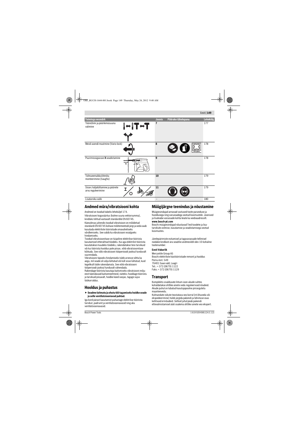 Andmed müra/vibratsiooni kohta, Hooldus ja puhastus, Müügijärgne teenindus ja nõustamine | Transport | Bosch GBH 18 V-EC Professional User Manual | Page 149 / 180