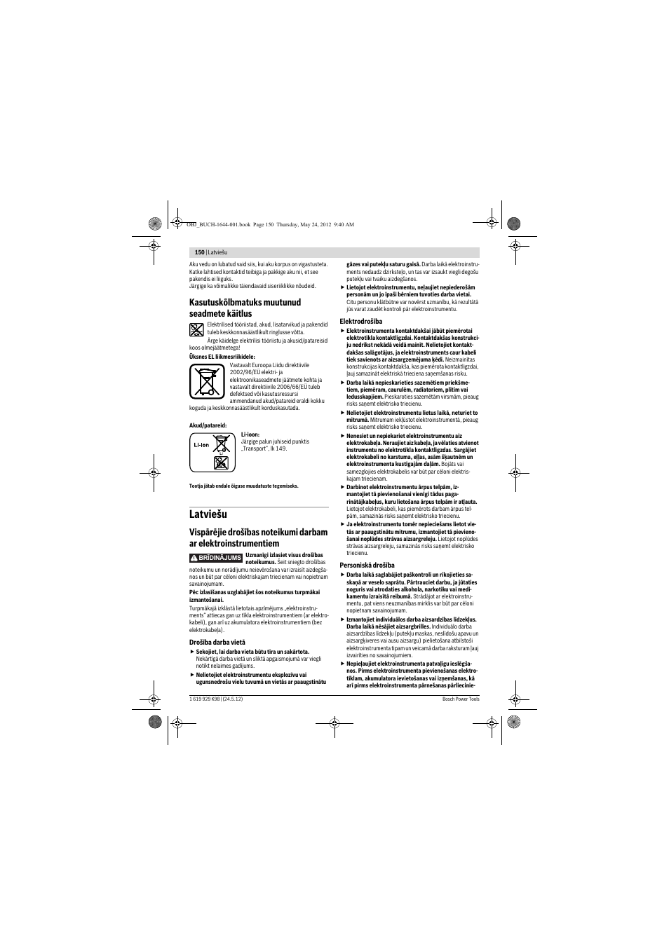 Latviešu, Kasutuskõlbmatuks muutunud seadmete käitlus | Bosch GBH 18 V-EC Professional User Manual | Page 150 / 180