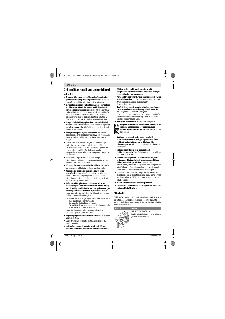 Simboli | Bosch GBH 18 V-EC Professional User Manual | Page 152 / 180