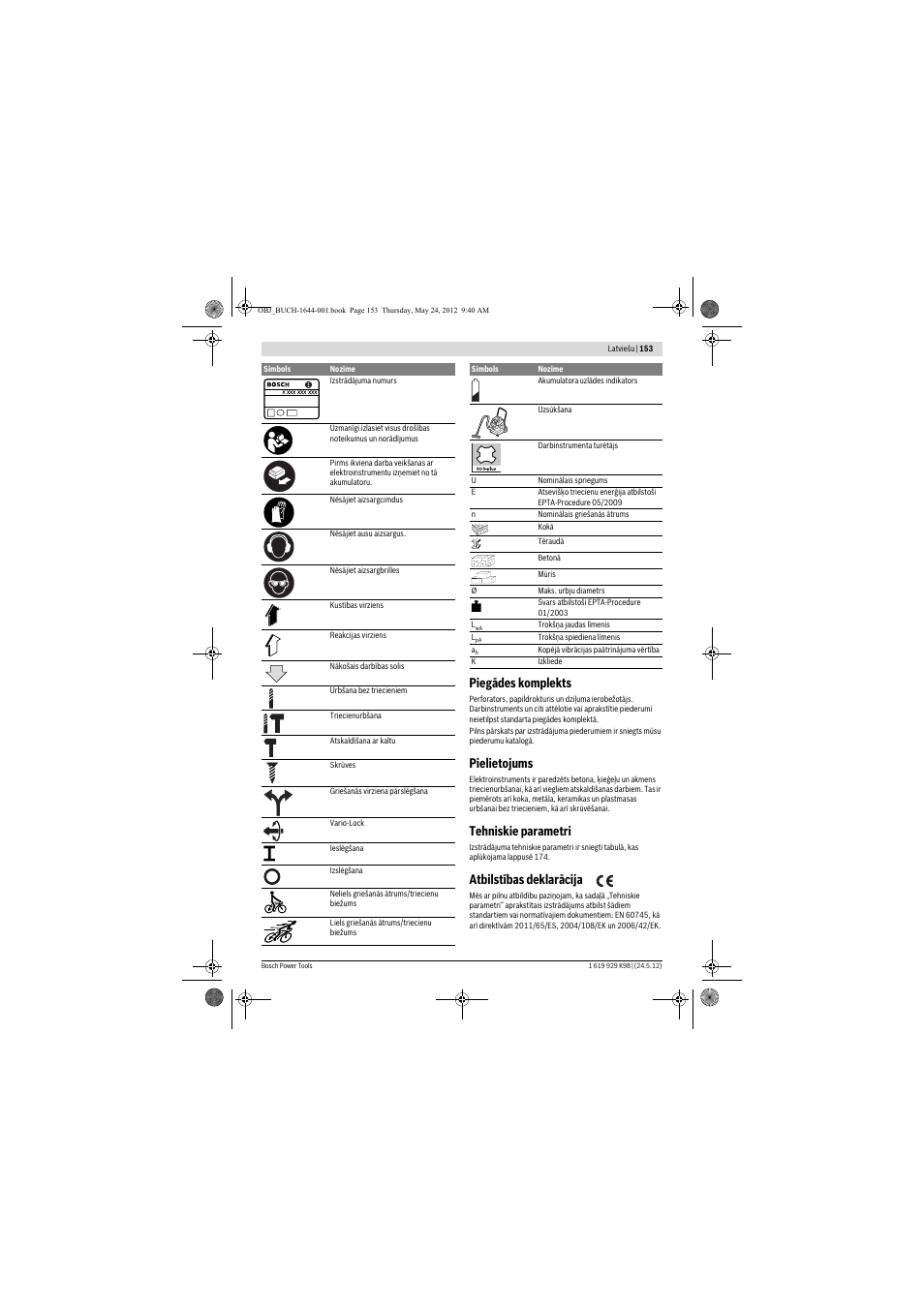 Piegādes komplekts, Pielietojums, Tehniskie parametri | Atbilstības deklarācija | Bosch GBH 18 V-EC Professional User Manual | Page 153 / 180