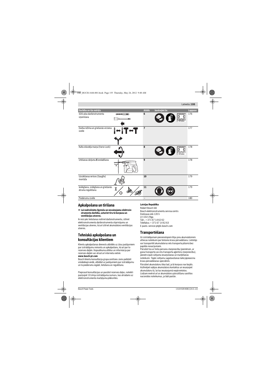 Apkalpošana un tīrīšana, Tehniskā apkalpošana un konsultācijas klientiem, Transportēšana | Bosch GBH 18 V-EC Professional User Manual | Page 155 / 180