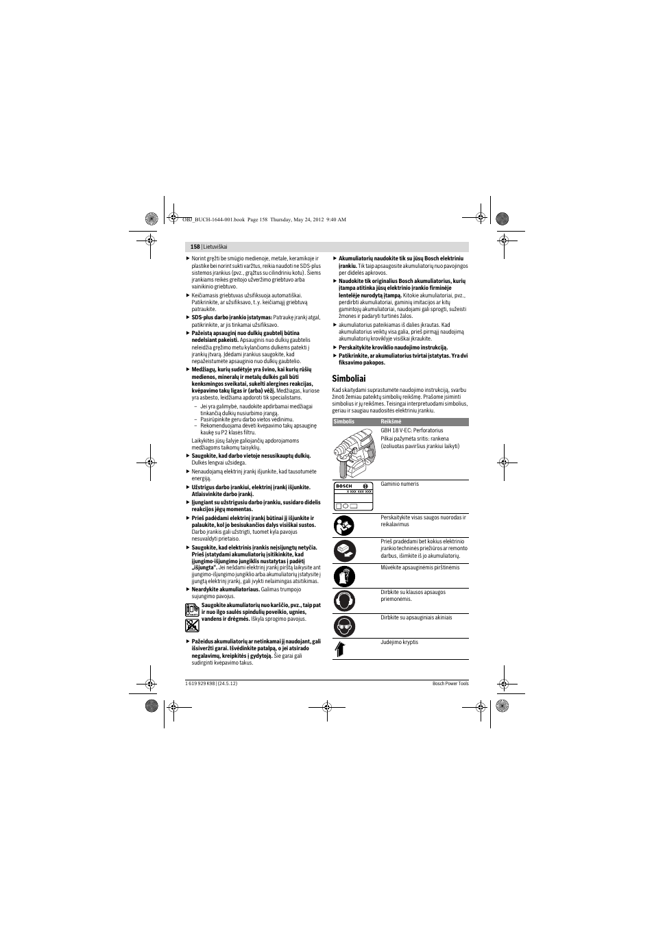 Simboliai | Bosch GBH 18 V-EC Professional User Manual | Page 158 / 180