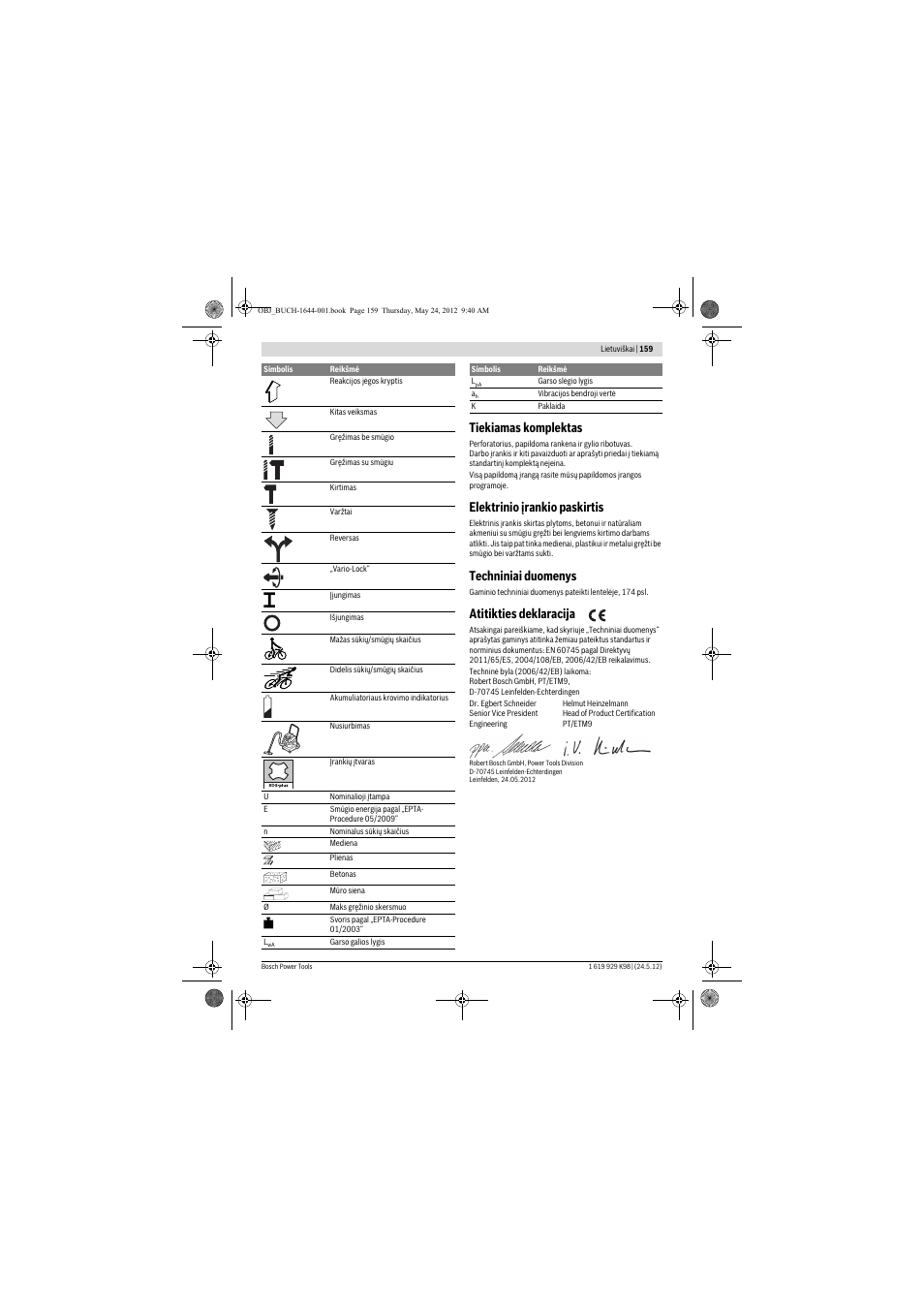 Tiekiamas komplektas, Elektrinio įrankio paskirtis, Techniniai duomenys | Atitikties deklaracija | Bosch GBH 18 V-EC Professional User Manual | Page 159 / 180