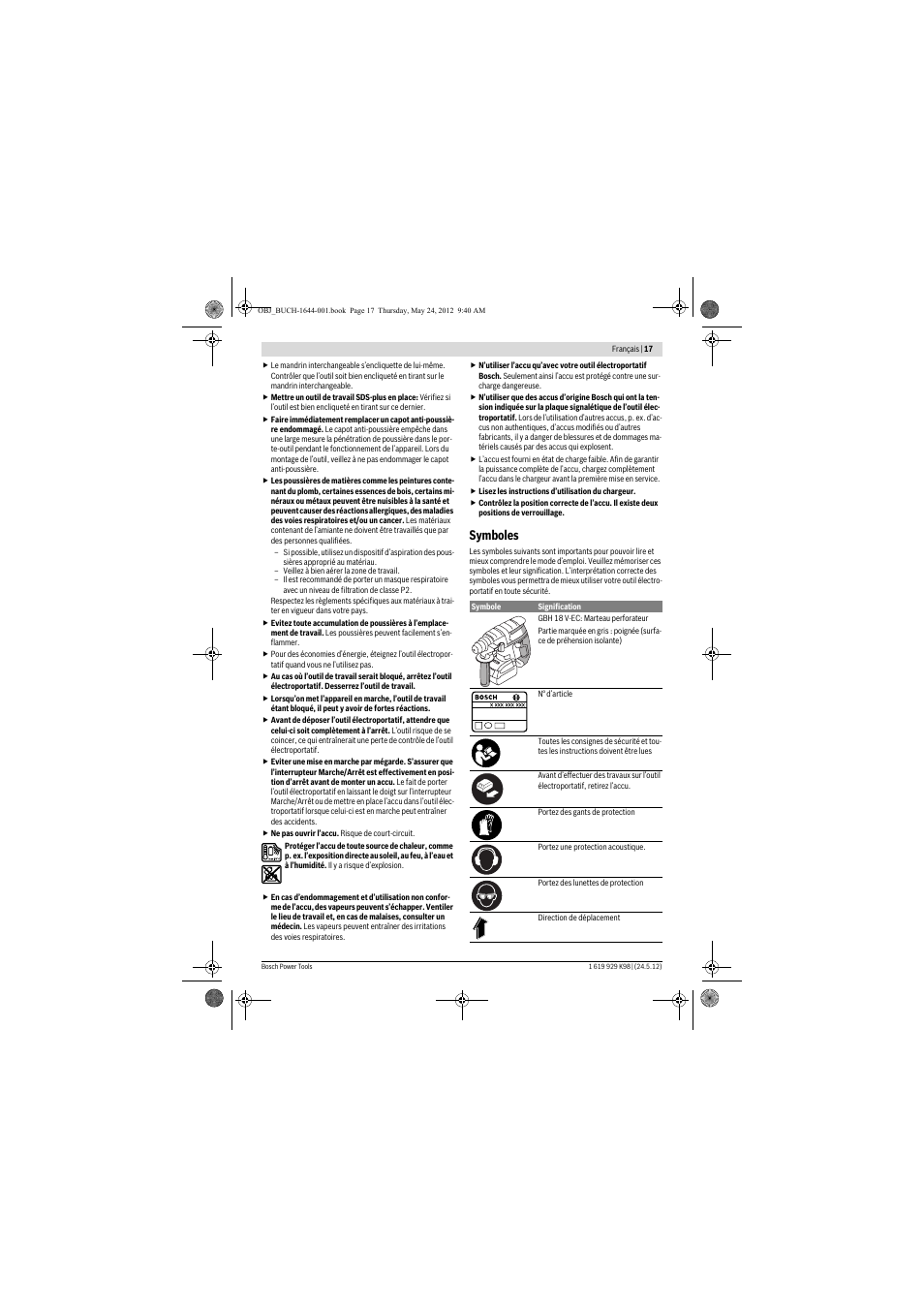 Symboles | Bosch GBH 18 V-EC Professional User Manual | Page 17 / 180