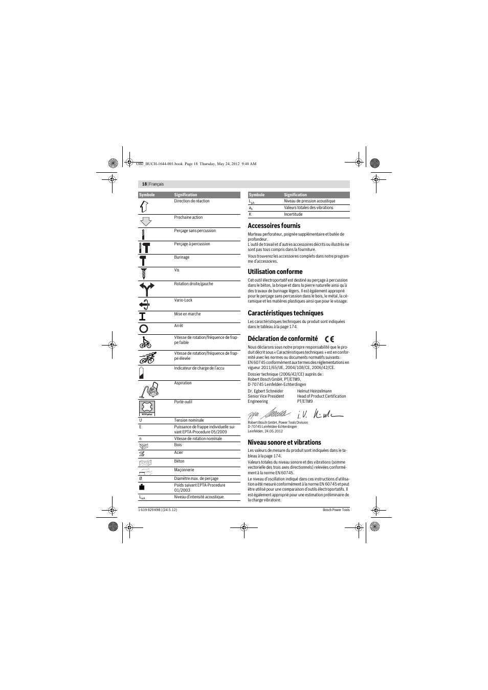 Accessoires fournis, Utilisation conforme, Caractéristiques techniques | Déclaration de conformité, Niveau sonore et vibrations | Bosch GBH 18 V-EC Professional User Manual | Page 18 / 180