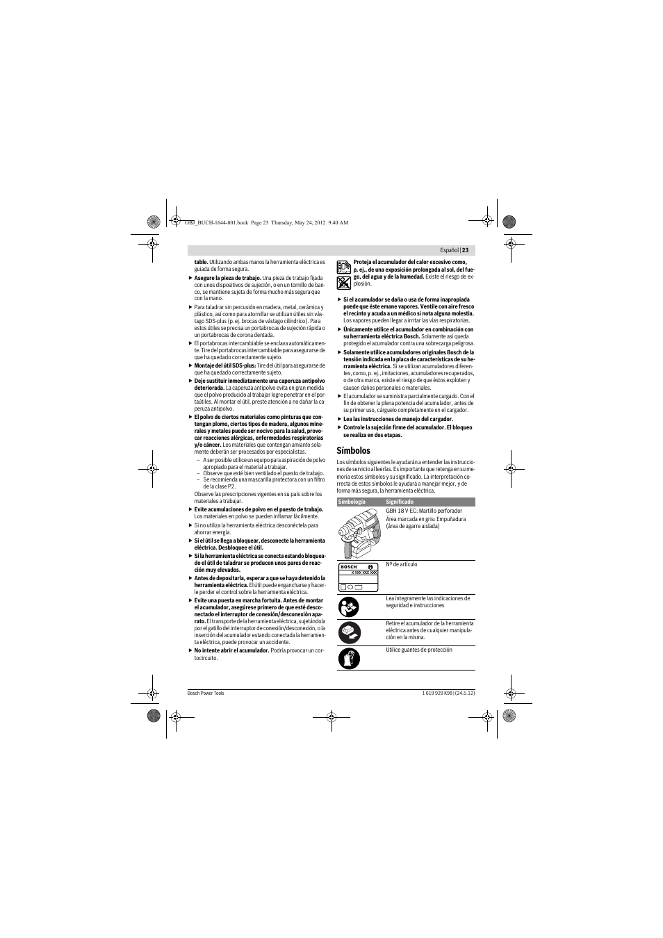 Símbolos | Bosch GBH 18 V-EC Professional User Manual | Page 23 / 180