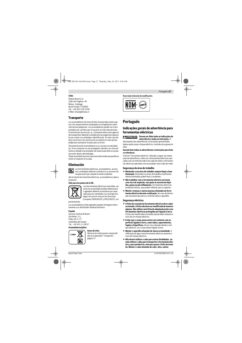 Português, Transporte, Eliminación | Bosch GBH 18 V-EC Professional User Manual | Page 27 / 180