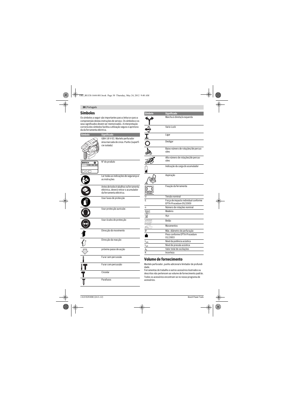 Símbolos, Volume de fornecimento | Bosch GBH 18 V-EC Professional User Manual | Page 30 / 180