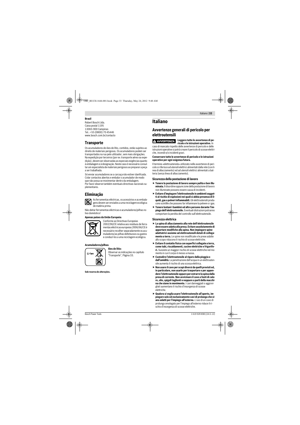 Italiano, Transporte, Eliminação | Bosch GBH 18 V-EC Professional User Manual | Page 33 / 180