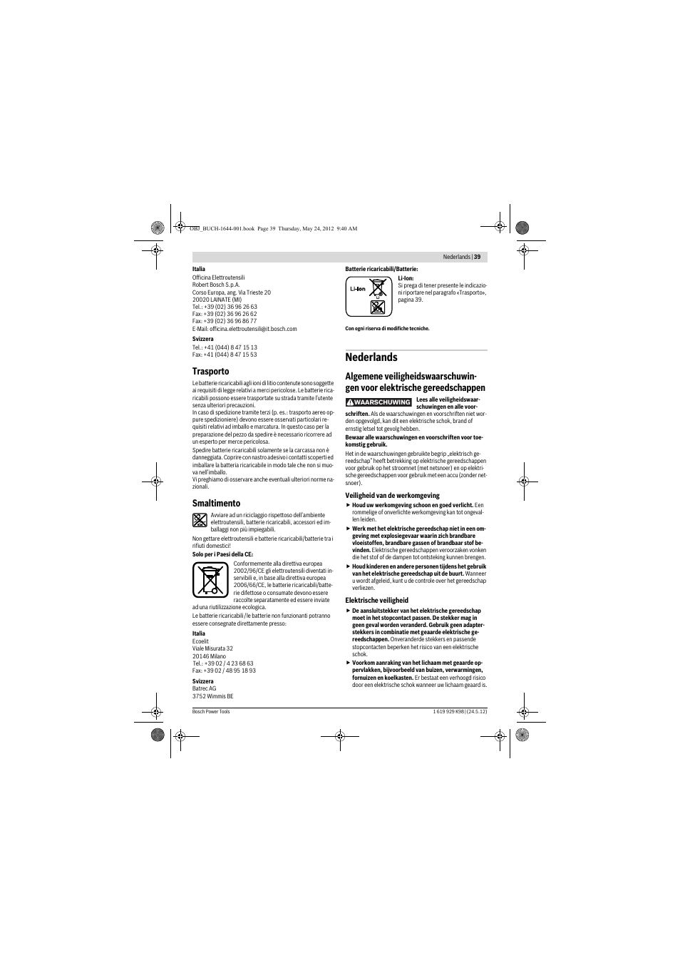 Nederlands, Trasporto, Smaltimento | Bosch GBH 18 V-EC Professional User Manual | Page 39 / 180