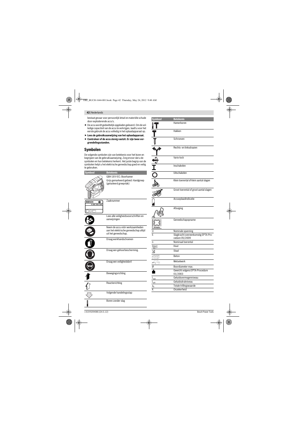 Symbolen | Bosch GBH 18 V-EC Professional User Manual | Page 42 / 180