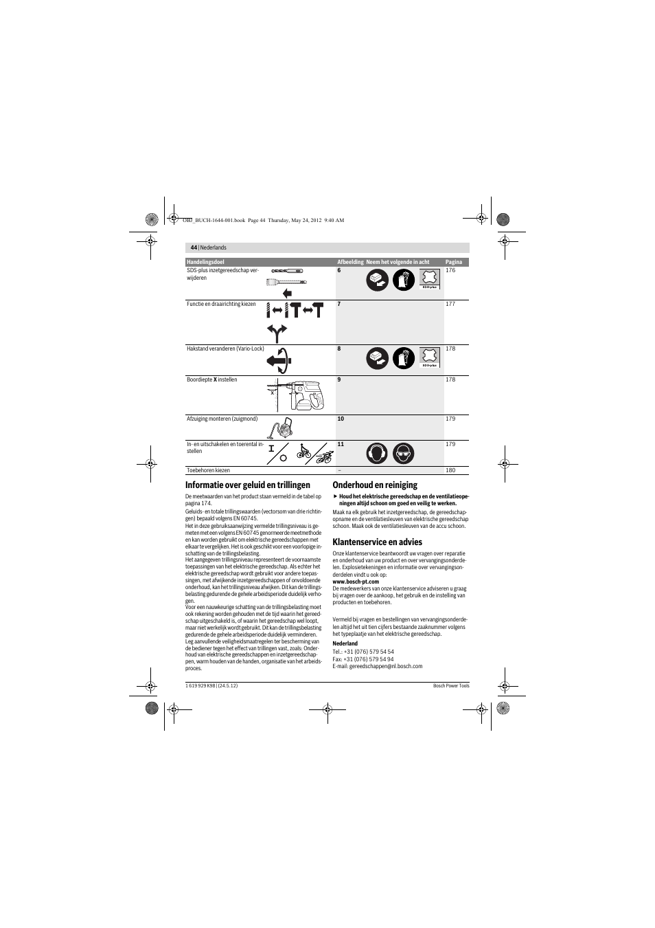 Informatie over geluid en trillingen, Onderhoud en reiniging, Klantenservice en advies | Bosch GBH 18 V-EC Professional User Manual | Page 44 / 180