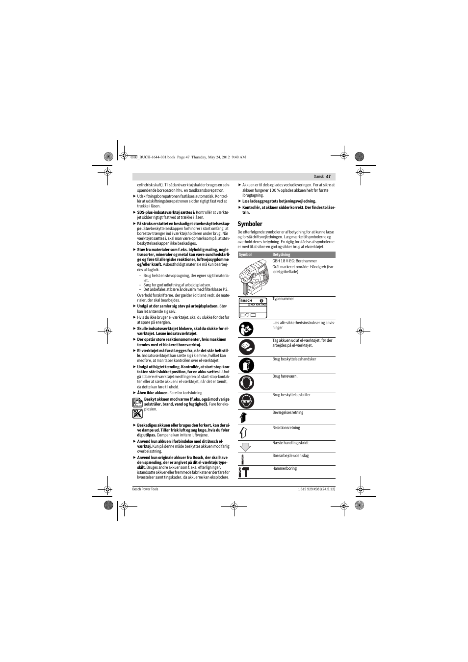 Symboler | Bosch GBH 18 V-EC Professional User Manual | Page 47 / 180