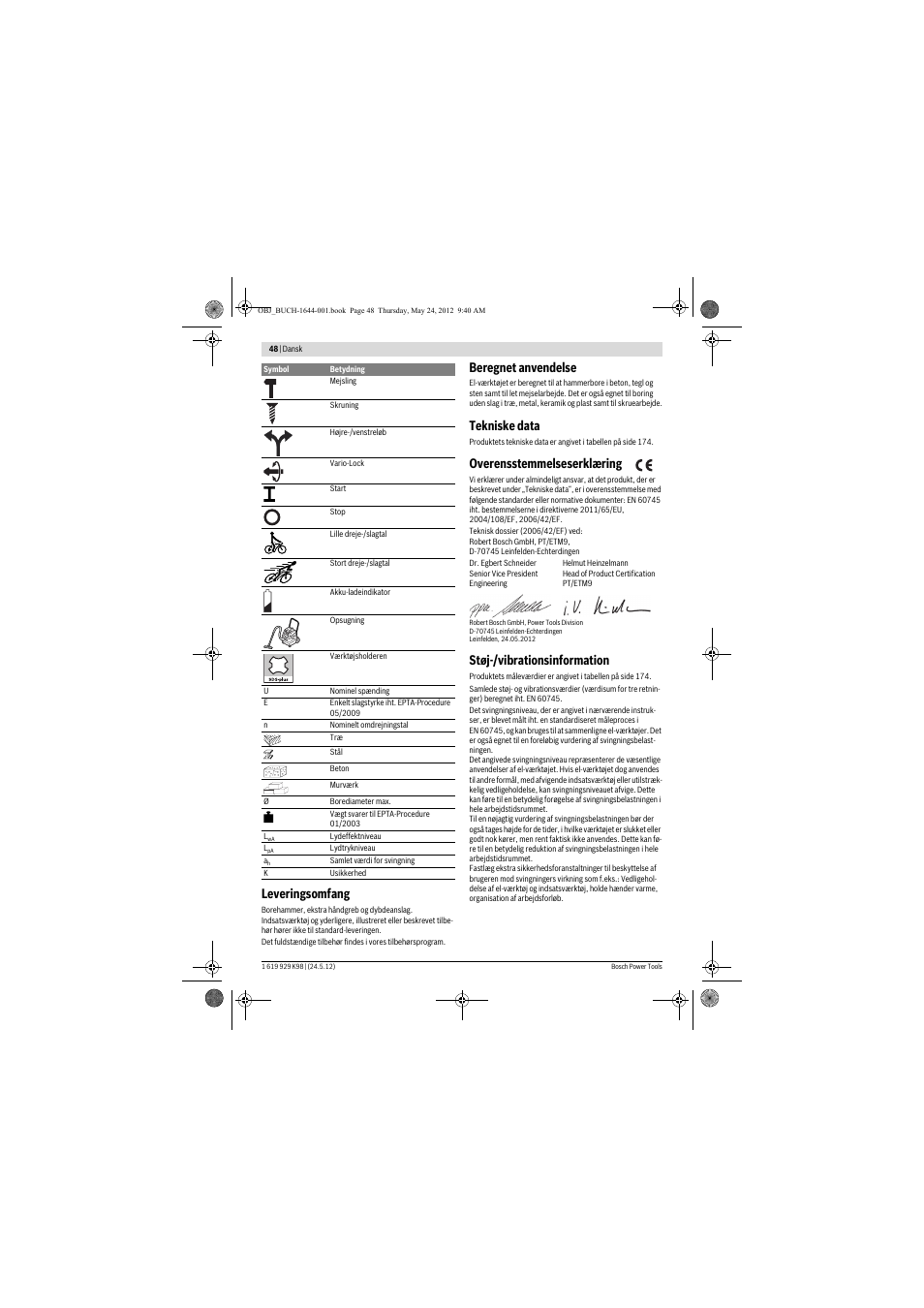 Leveringsomfang, Beregnet anvendelse, Tekniske data | Overensstemmelseserklæring, Støj-/vibrationsinformation | Bosch GBH 18 V-EC Professional User Manual | Page 48 / 180