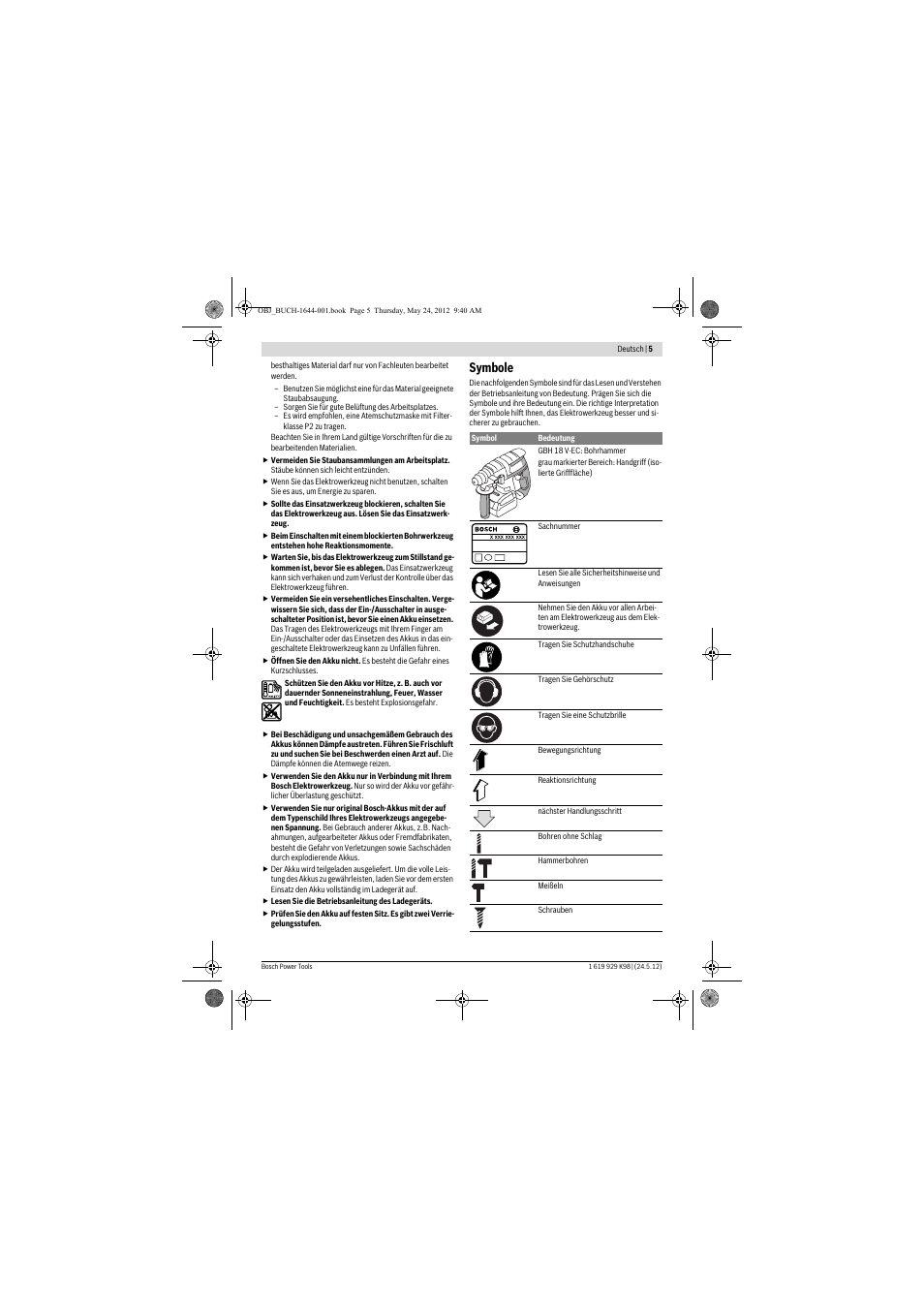 Symbole | Bosch GBH 18 V-EC Professional User Manual | Page 5 / 180