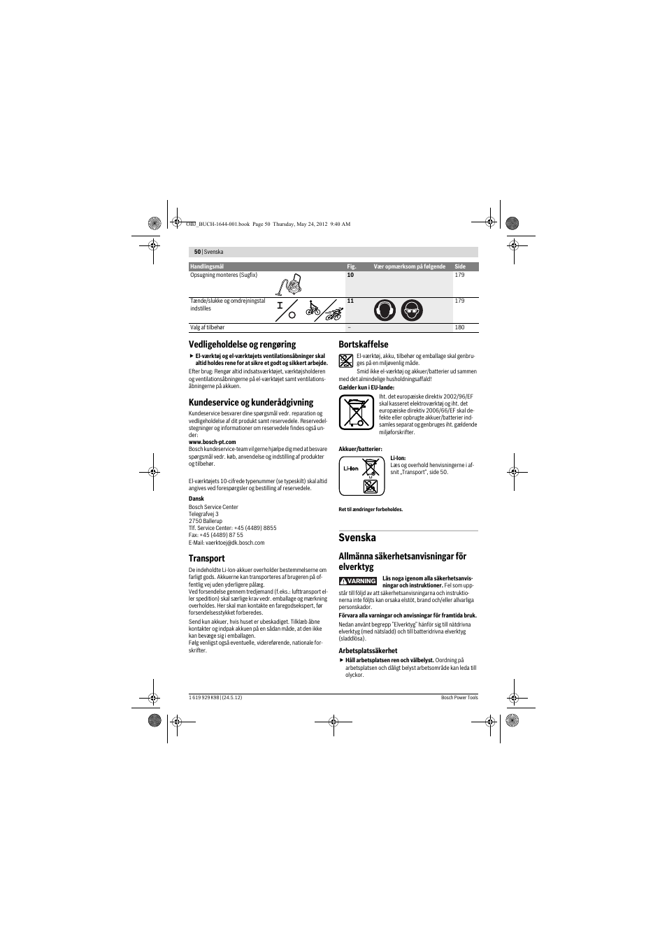 Svenska, Vedligeholdelse og rengøring, Kundeservice og kunderådgivning | Transport, Bortskaffelse, Allmänna säkerhetsanvisningar för elverktyg | Bosch GBH 18 V-EC Professional User Manual | Page 50 / 180