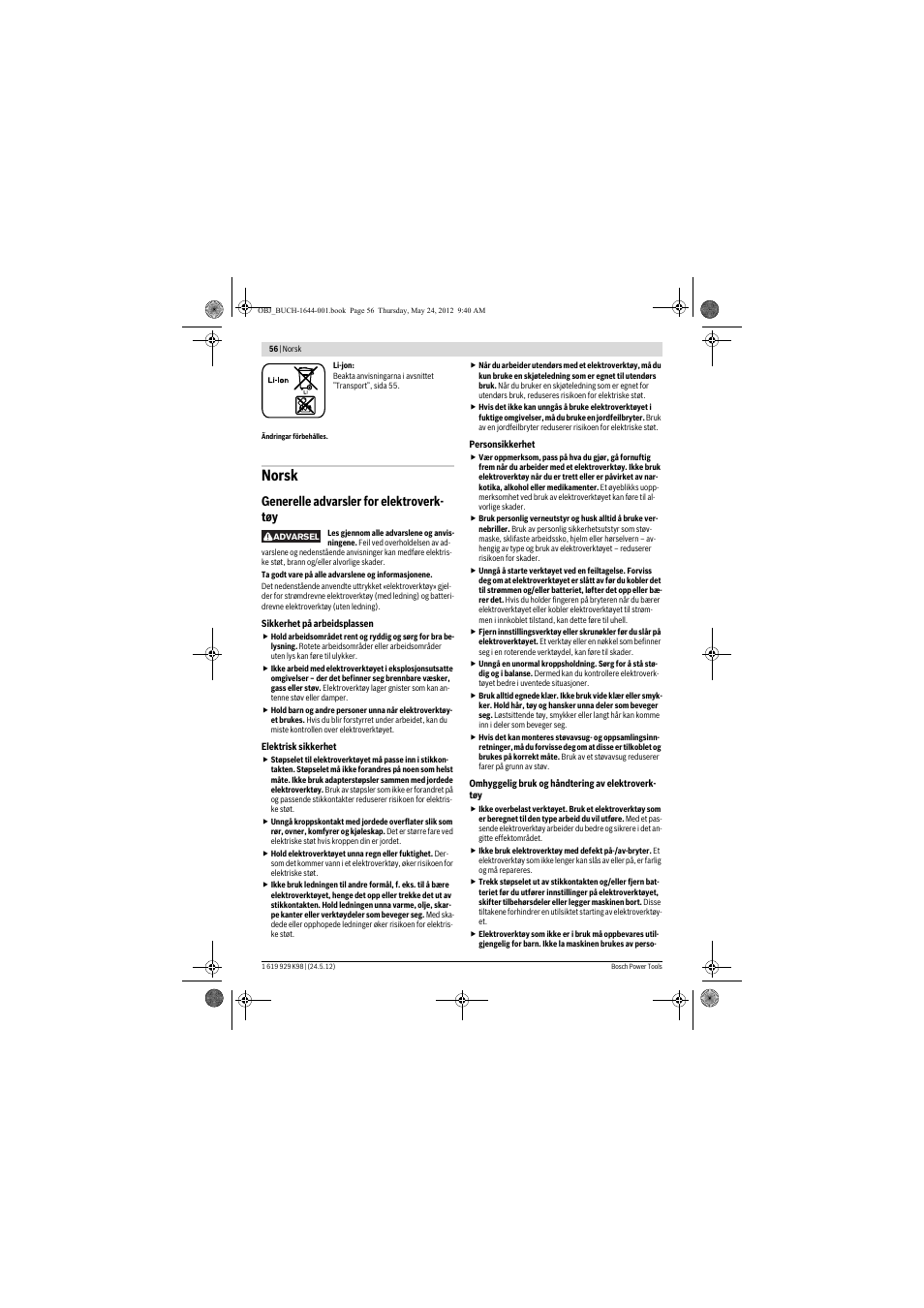 Norsk, Generelle advarsler for elektroverk- tøy | Bosch GBH 18 V-EC Professional User Manual | Page 56 / 180