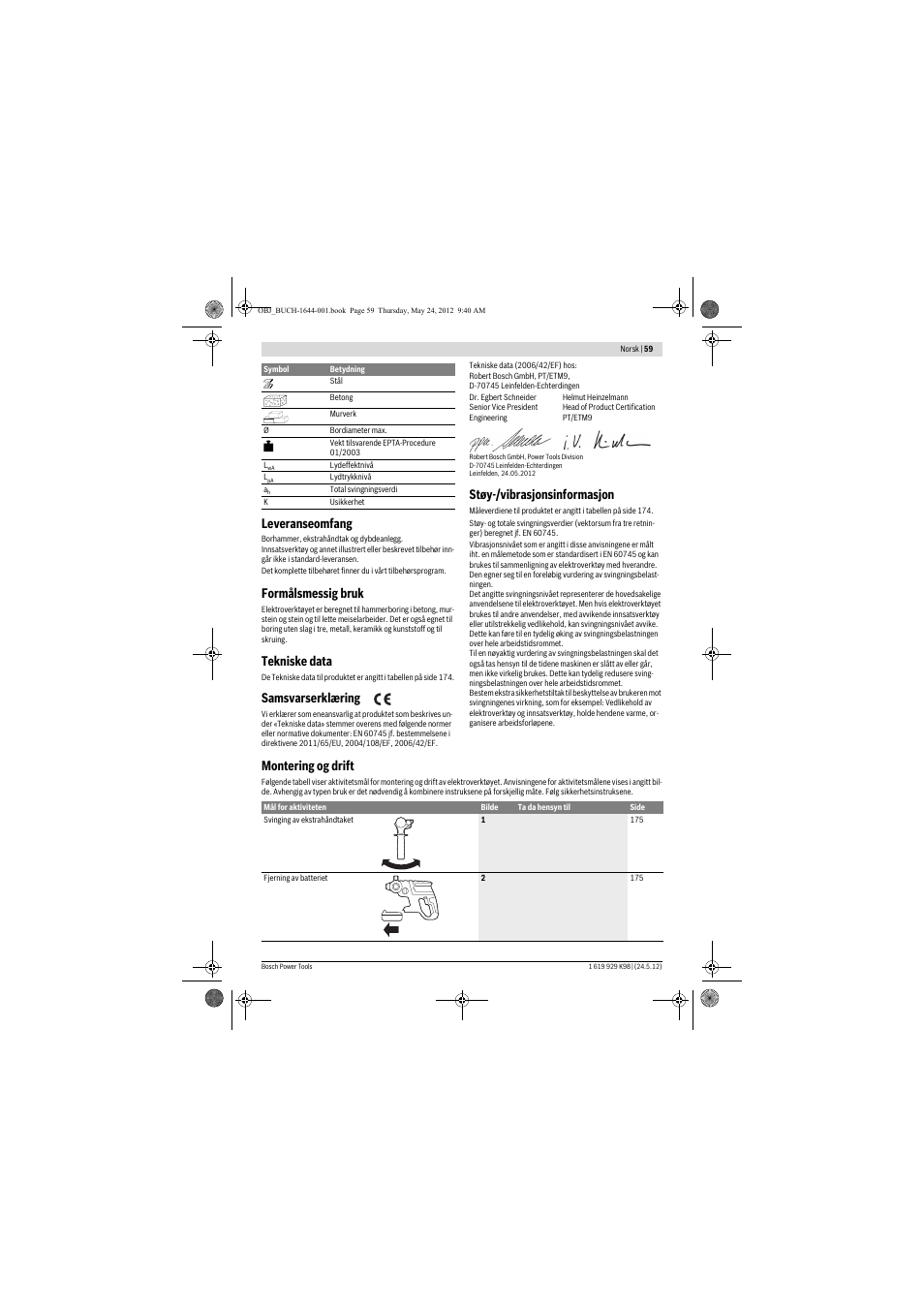 Leveranseomfang, Formålsmessig bruk, Tekniske data | Samsvarserklæring, Støy-/vibrasjonsinformasjon, Montering og drift | Bosch GBH 18 V-EC Professional User Manual | Page 59 / 180