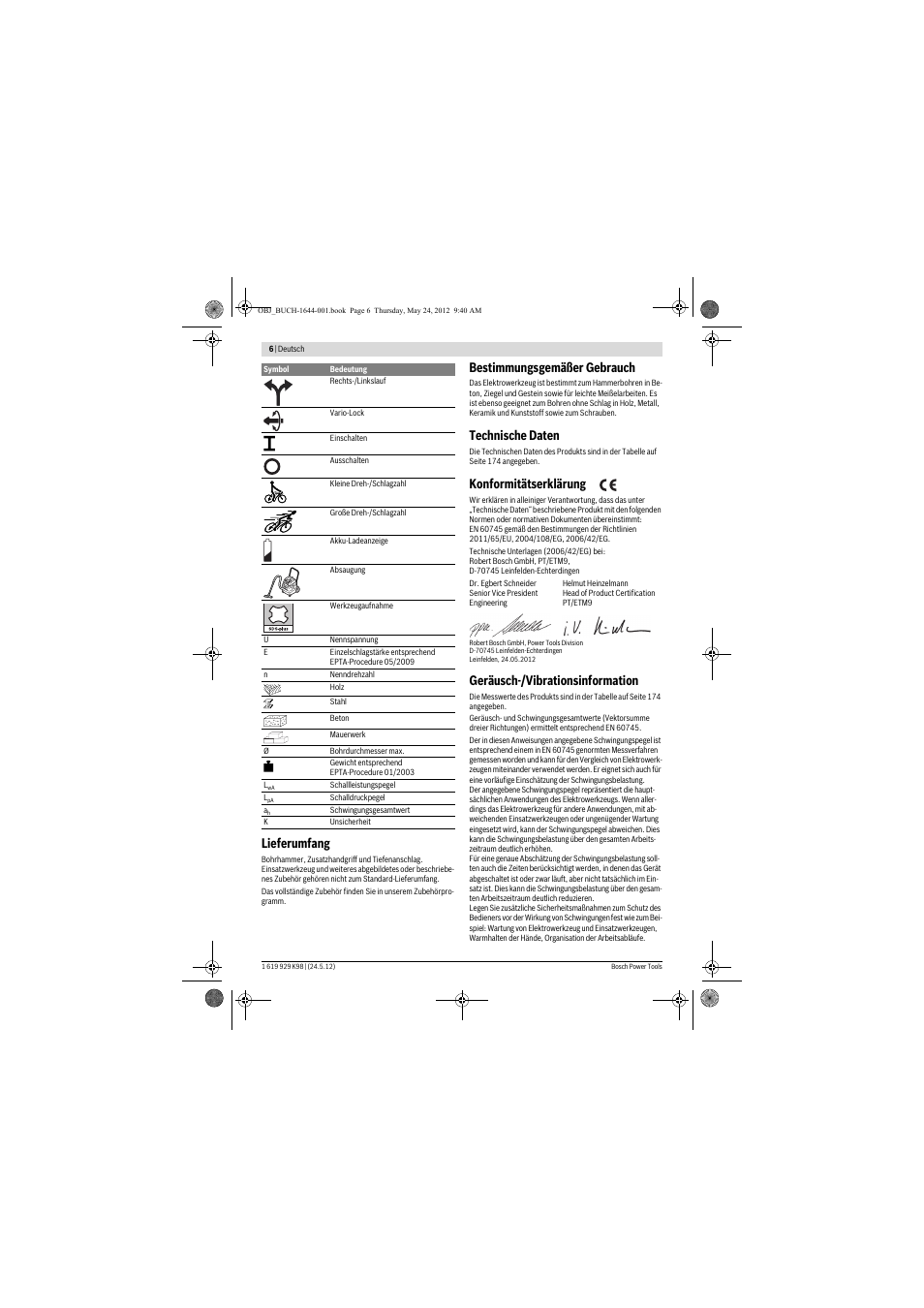 Lieferumfang, Bestimmungsgemäßer gebrauch, Technische daten | Konformitätserklärung, Geräusch-/vibrationsinformation | Bosch GBH 18 V-EC Professional User Manual | Page 6 / 180