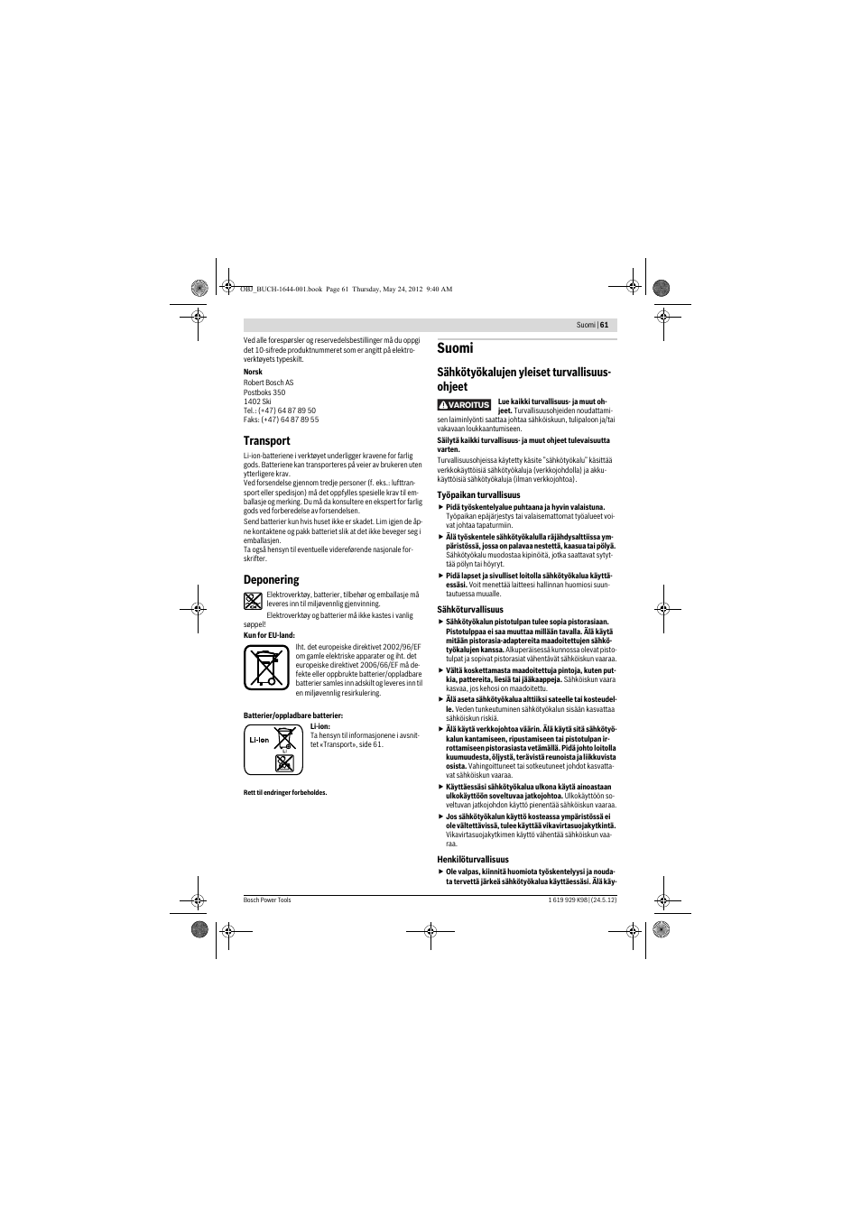 Suomi, Transport, Deponering | Sähkötyökalujen yleiset turvallisuus- ohjeet | Bosch GBH 18 V-EC Professional User Manual | Page 61 / 180