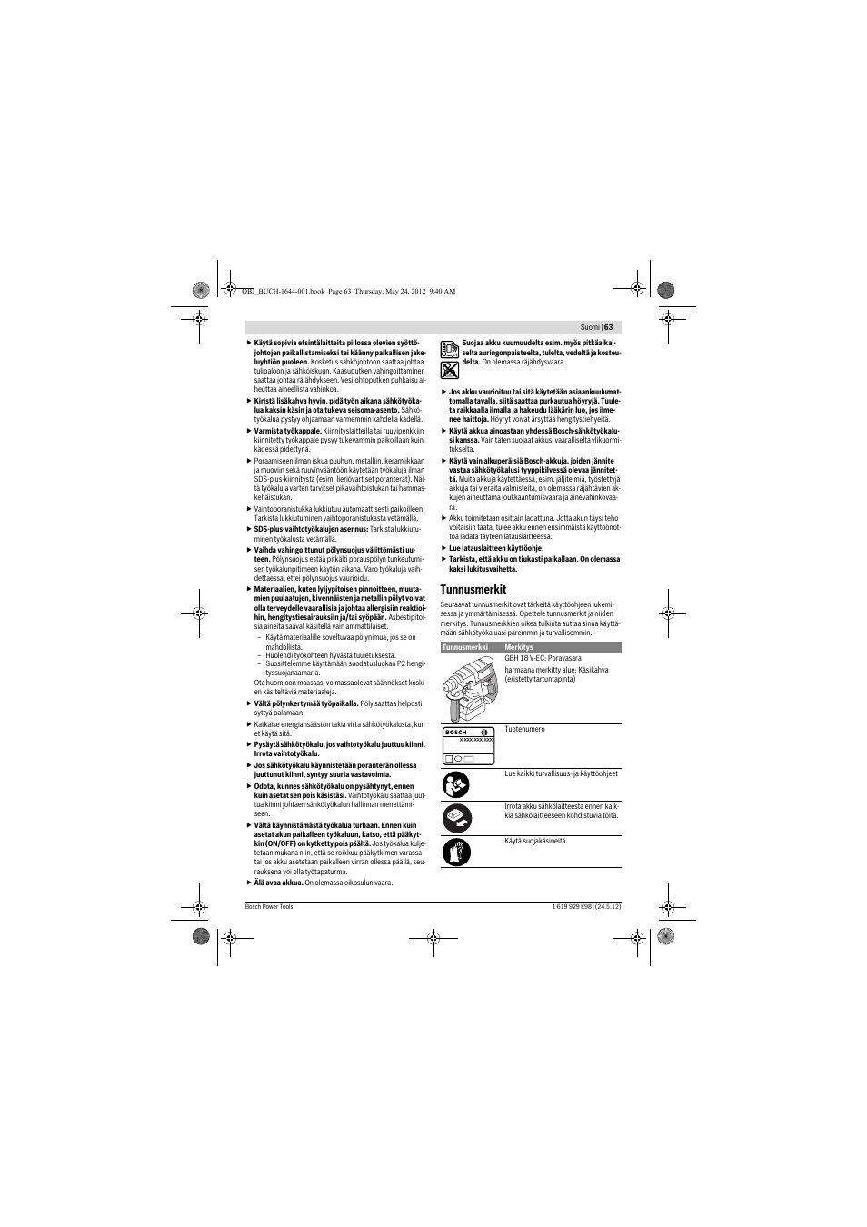 Tunnusmerkit | Bosch GBH 18 V-EC Professional User Manual | Page 63 / 180