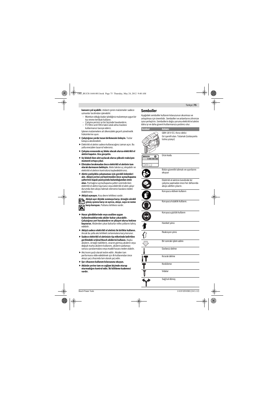 Semboller | Bosch GBH 18 V-EC Professional User Manual | Page 75 / 180